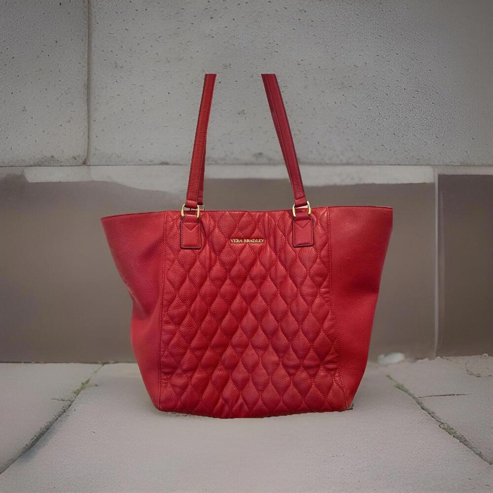 VERA BRADLEY Tango Red Quilted ELLA Leather Large Tote Bag Purse 19.5"x" 14 x 6"